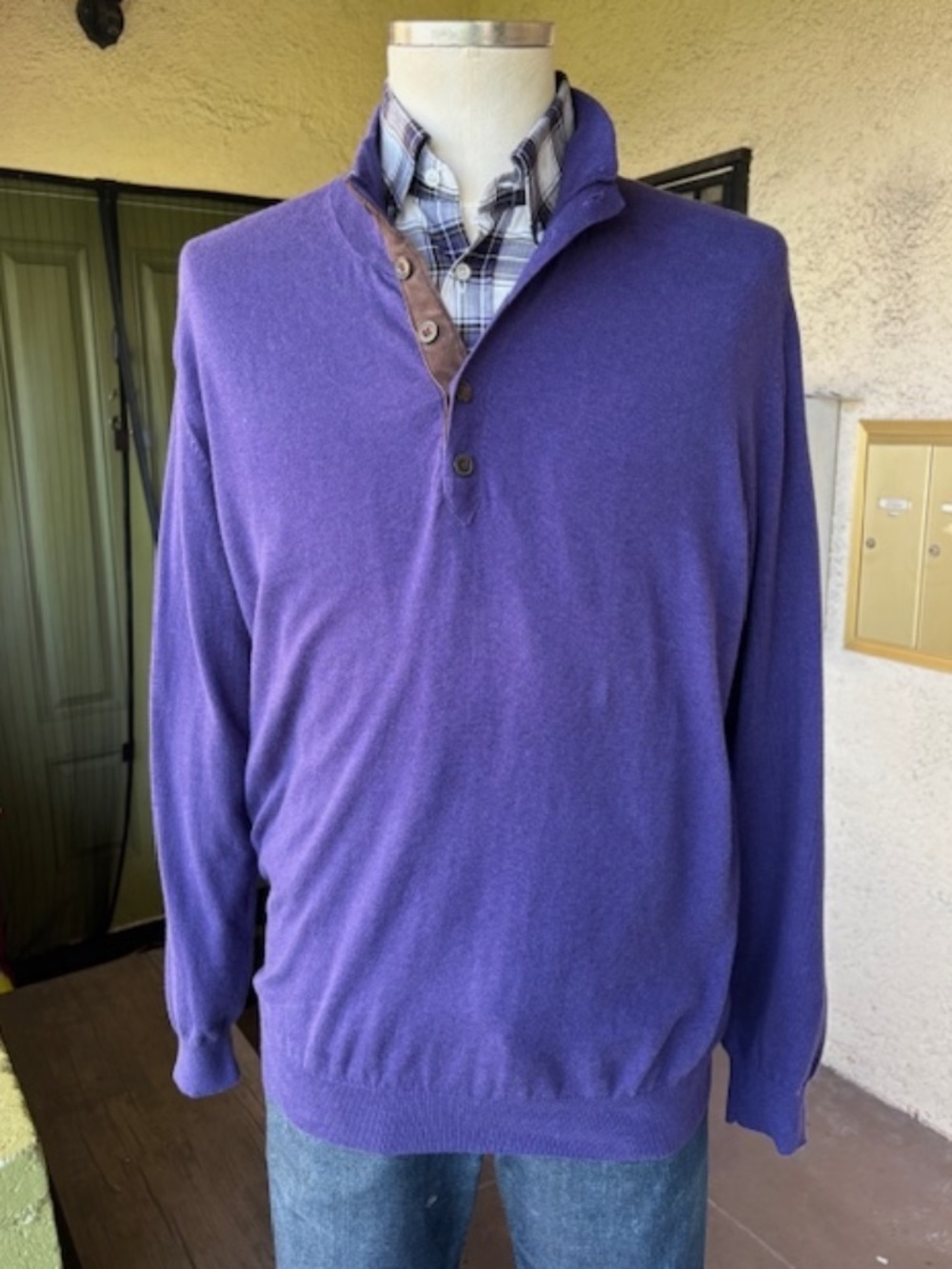 MASSIMO DUTTI 1/4 Button-Front Cotton/Cashmere Pullover w/ Suede Trim EUC/sz L